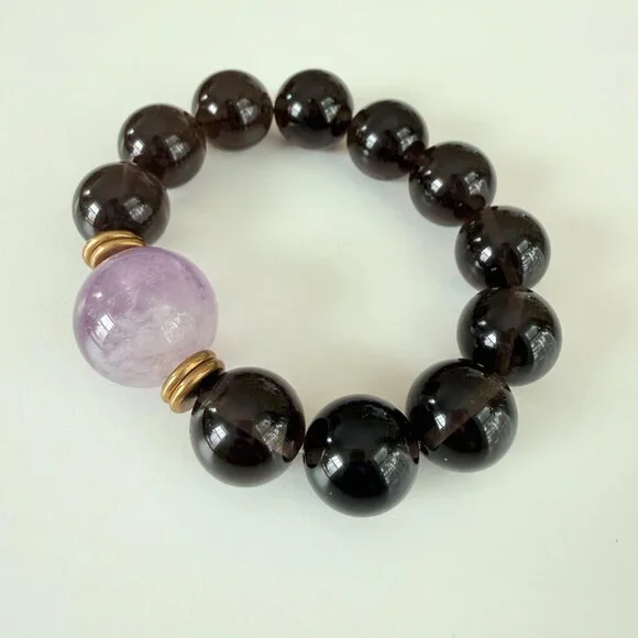 Large Unisex Smoky Quartz & Amethyst Statement Bracelet - 21mm - Picture 5 of 7